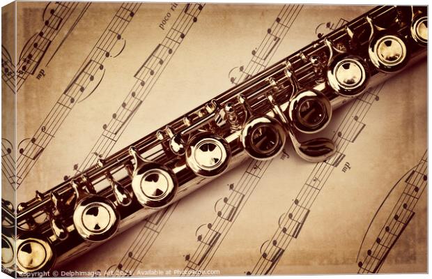 Flute vintage style, sheet music background Canvas Print by Delphimages Art