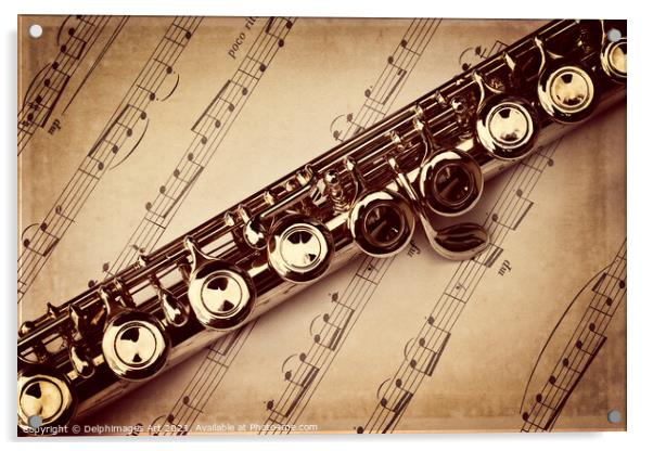 Flute vintage style, sheet music background Acrylic by Delphimages Art