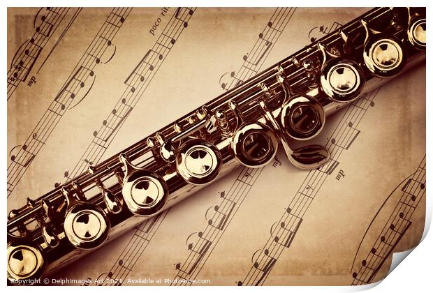 Flute vintage style, sheet music background Print by Delphimages Art