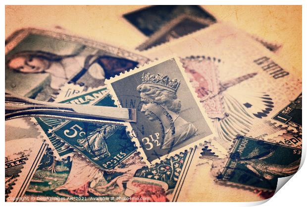 Queen Elizabeth II stamp collection Print by Delphimages Art