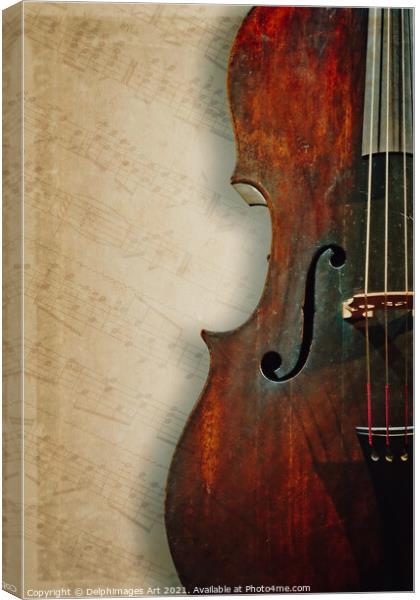 Ancient cello on textured vintage sheet music Canvas Print by Delphimages Art