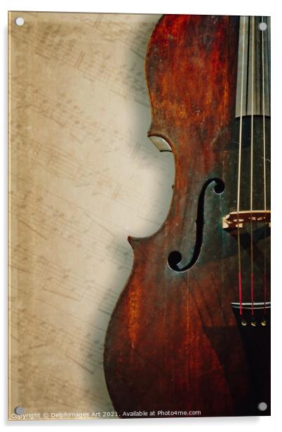 Ancient cello on textured vintage sheet music Acrylic by Delphimages Art