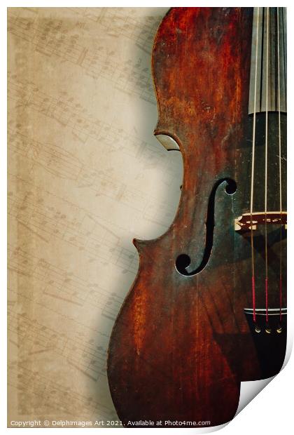 Ancient cello on textured vintage sheet music Print by Delphimages Art