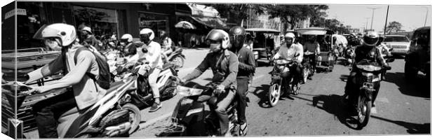 Siem Reap cambodia street motorbikes b&W 2 Canvas Print by Sonny Ryse