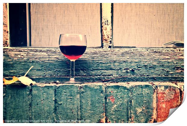 Glass of french red wine on a window in Paris Print by Delphimages Art