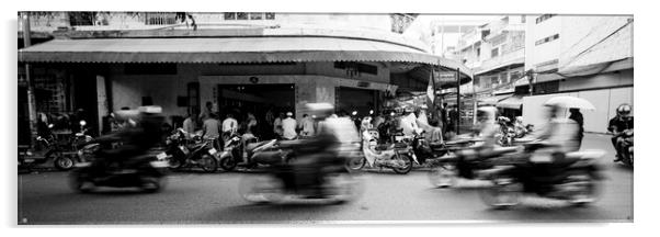 Siem Reap cambodia street motorbikes b&W 4 Acrylic by Sonny Ryse