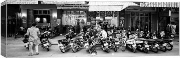 Siem Reap cambodia street motorbikes b&W 5 Canvas Print by Sonny Ryse