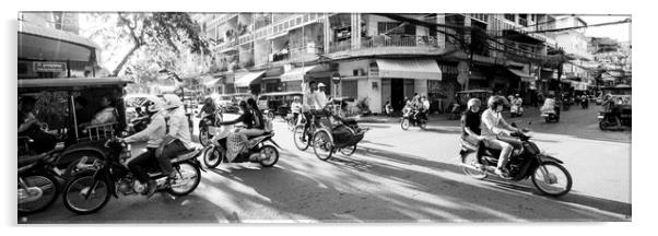 Siem Reap cambodia street motorbikes b&W 7 Acrylic by Sonny Ryse