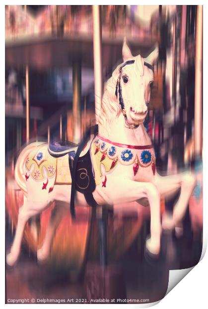 Vintage carousel, antique wooden horse Print by Delphimages Art