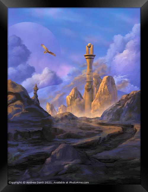 Fantasy landscape with tower Framed Print by Andrea Danti