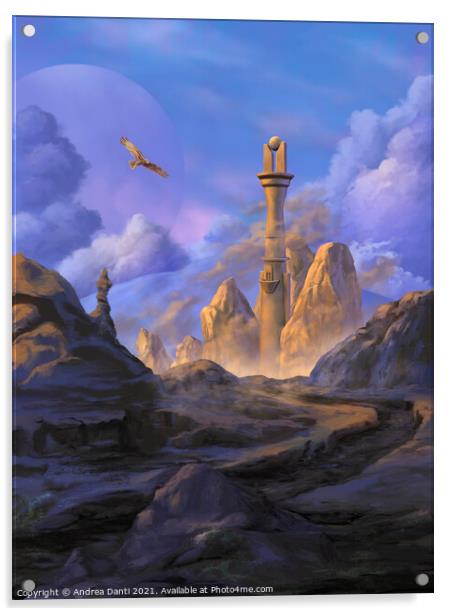 Fantasy landscape with tower Acrylic by Andrea Danti
