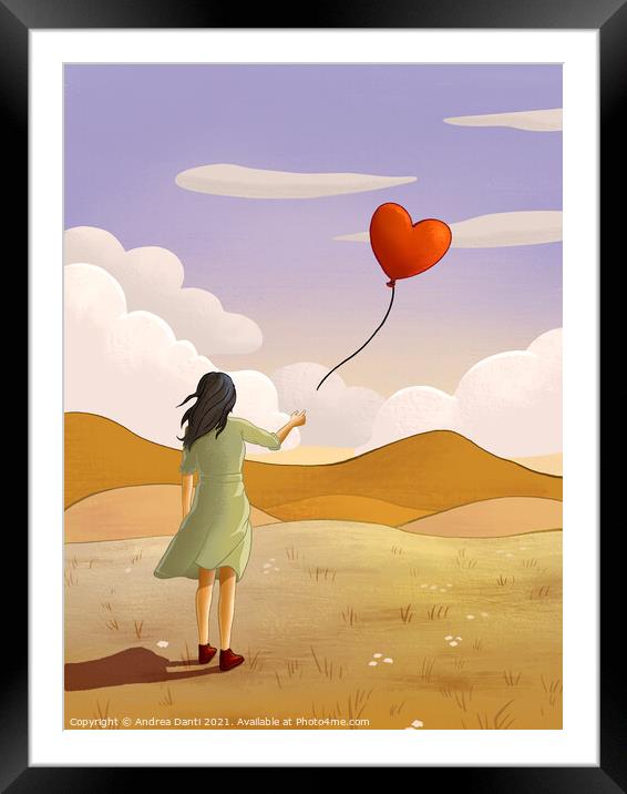 Young girl and heart shaped balloon Framed Mounted Print by Andrea Danti