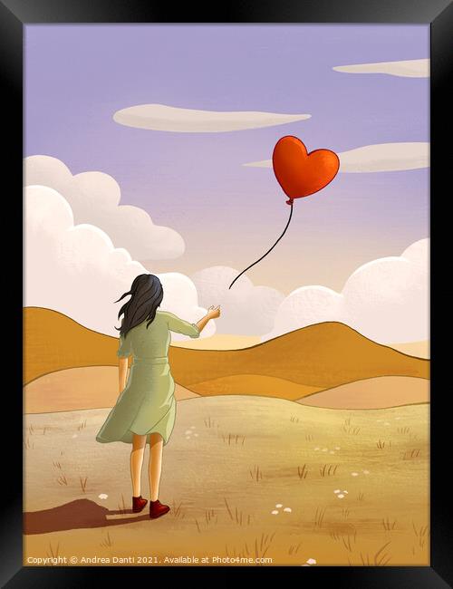 Young girl and heart shaped balloon Framed Print by Andrea Danti