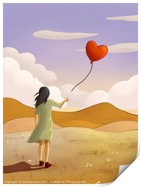 Young girl and heart shaped balloon Print by Andrea Danti