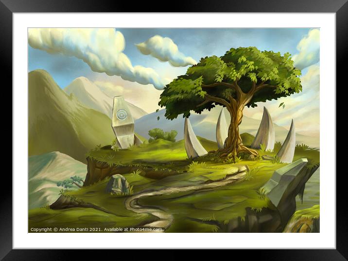 Sacred tree in a fantasy landscape Framed Mounted Print by Andrea Danti