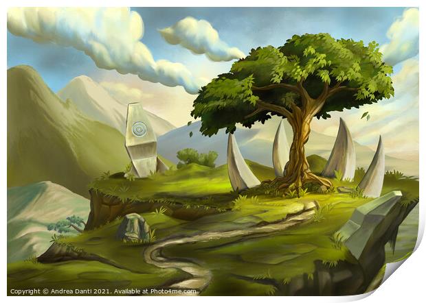 Sacred tree in a fantasy landscape Print by Andrea Danti