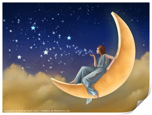 Girl sitting on the moon Print by Andrea Danti