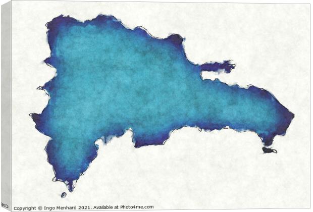 Dominican Republic map with drawn lines and blue watercolor illu Canvas Print by Ingo Menhard