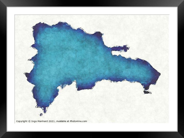 Dominican Republic map with drawn lines and blue watercolor illu Framed Mounted Print by Ingo Menhard