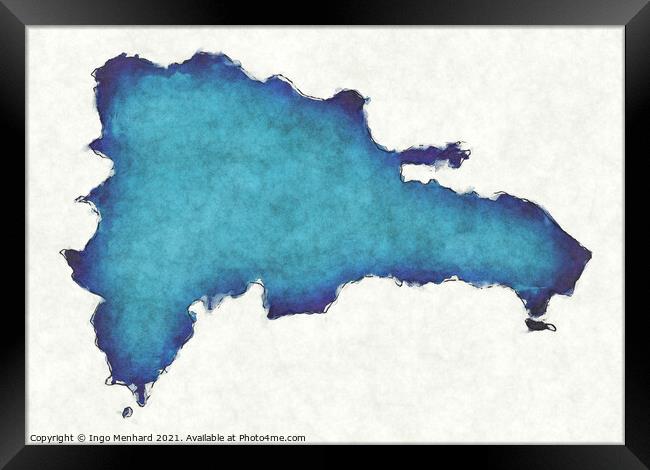 Dominican Republic map with drawn lines and blue watercolor illu Framed Print by Ingo Menhard
