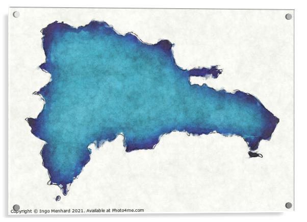 Dominican Republic map with drawn lines and blue watercolor illu Acrylic by Ingo Menhard