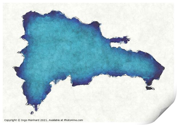 Dominican Republic map with drawn lines and blue watercolor illu Print by Ingo Menhard