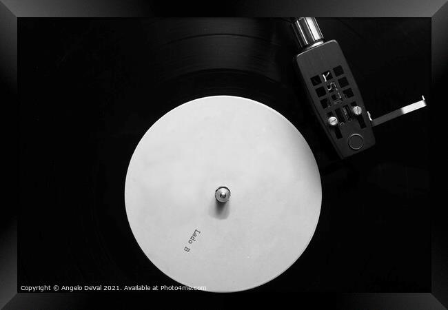 Side B Vinyl on a Turntable in Monochrome Framed Print by Angelo DeVal