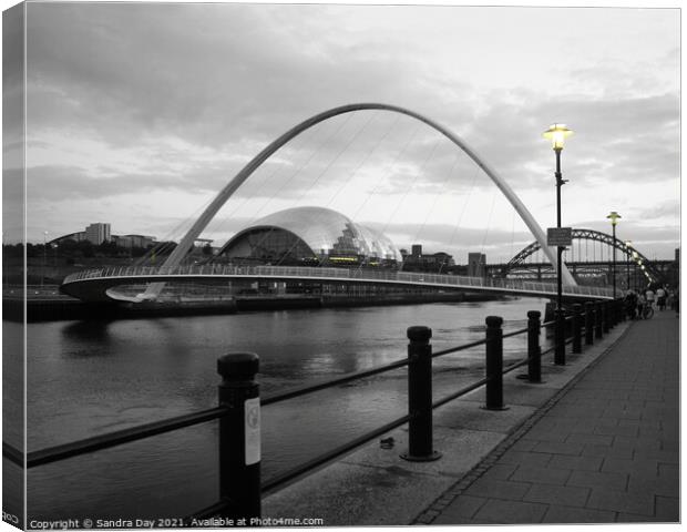 Millennium Bridge Newcastle. Yellow Lights Canvas Print by Sandra Day
