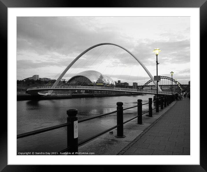 Millennium Bridge Newcastle. Yellow Lights Framed Mounted Print by Sandra Day