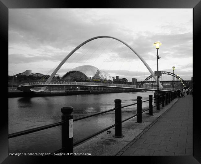 Millennium Bridge Newcastle. Yellow Lights Framed Print by Sandra Day