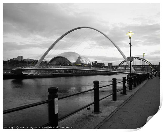 Millennium Bridge Newcastle. Yellow Lights Print by Sandra Day
