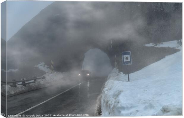 Driving by the foggy rock tunnel in Serra da Estrela Canvas Print by Angelo DeVal