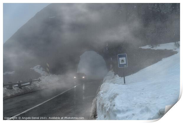 Driving by the foggy rock tunnel in Serra da Estrela Print by Angelo DeVal