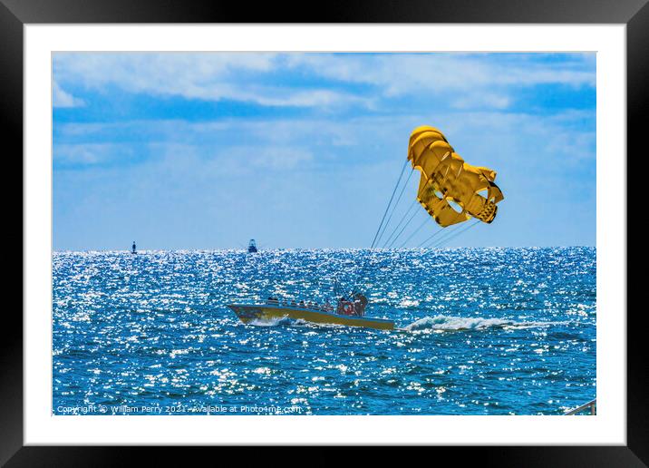 Motorboat Parasailing Blue Ocean Fort Lauderdale Florida Framed Mounted Print by William Perry