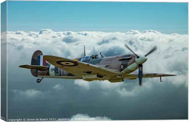 Spitfire Above The Clouds Canvas Print by Steve de Roeck