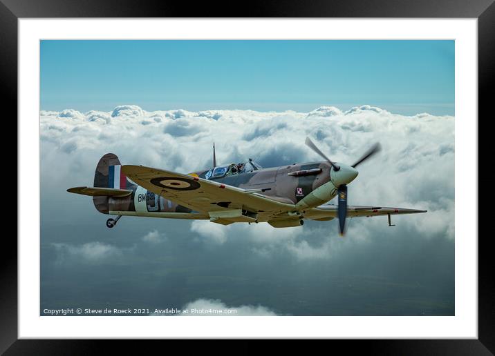 Spitfire Above The Clouds Framed Mounted Print by Steve de Roeck