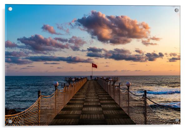 Wooden pier and sunset over sea. Acrylic by Sergey Fedoskin