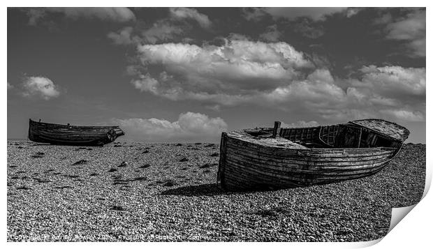 Abandoned fishing boats at Dungeness in Kent. Print by Adrian Rowley