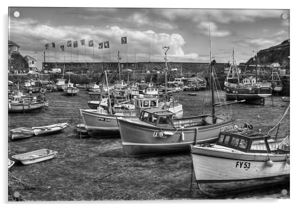 Mevagissey, inner harbour black and white Acrylic by Jonathan Pankhurst