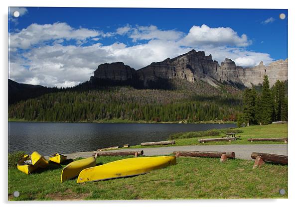 Yellow canoes and Brooks Lake, Wyoming Acrylic by Claudio Del Luongo