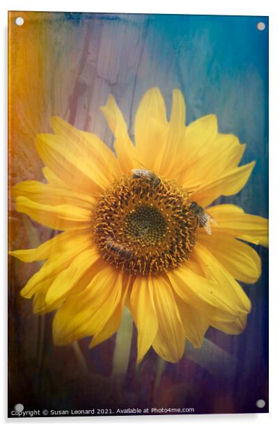 Sunflower and honey bees Acrylic by Susan Leonard
