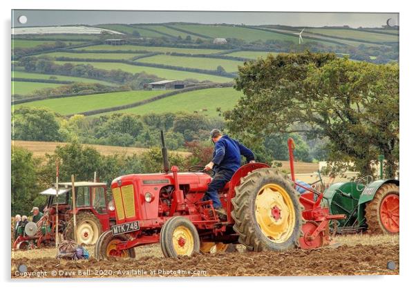 Red Vintage Tractor Plowing, Acrylic by Dave Bell