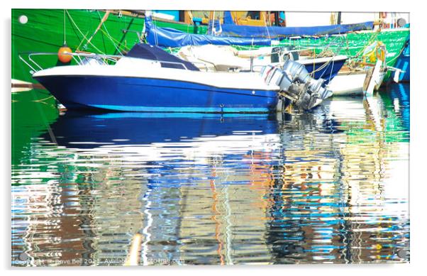 Stunning reflections of blue and green boats in th Acrylic by Dave Bell