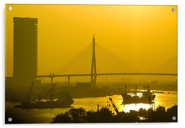 Bangkok Suspension Bridge at Sunset, Thailand Acrylic by Mark Llewellyn