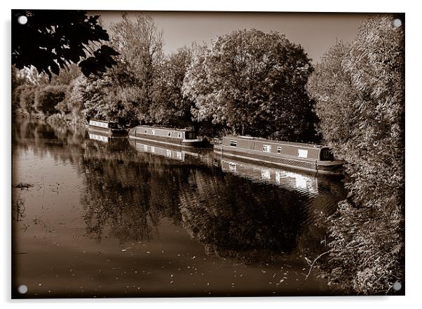 Moored Canal Boats, Kintbury, Berkshire, England,  Acrylic by Mark Llewellyn