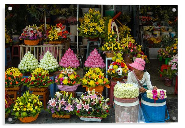 Cambodian Flower Seller Acrylic by Mark Llewellyn