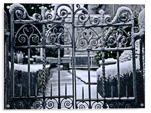 Snowy Church Gate Acrylic by Simon West