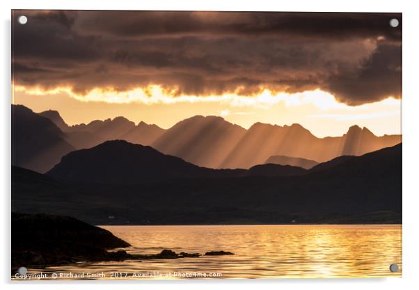 Evening crepuscular rays over the Cuillin Hills. Acrylic by Richard Smith