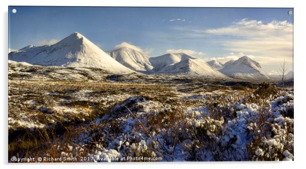   The red Cuillin of Skye with their winter cloak  Acrylic by Richard Smith