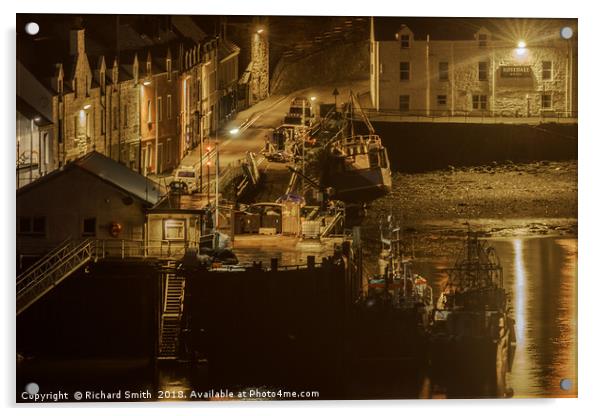 Fishing vessels moored to Portree quay at night Acrylic by Richard Smith